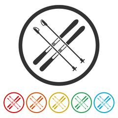 Pair of skis and ski poles icon. Set icons in color circle buttons
