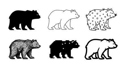 Fototapeta premium Diverse bear designs: silhouette, line art, pixel, dotted, sketch, minimalist styles