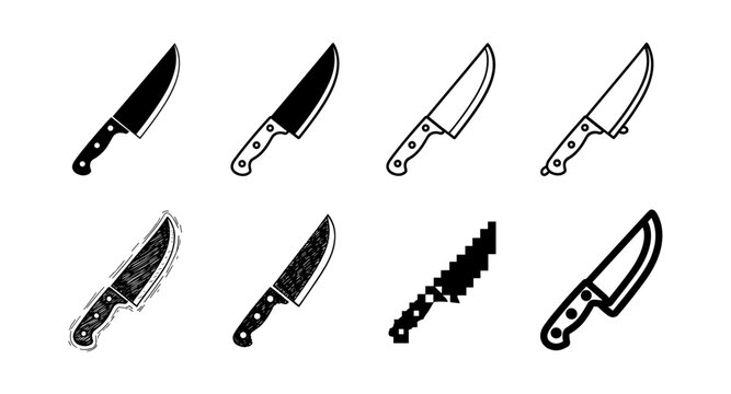 Diverse knife designs: collection of silhouette and outline styles with pixel art
