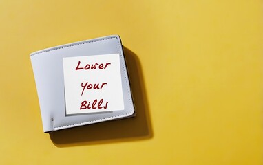 White wallet with note written LOWER YOUR BILLS - evaluate monthly expenses to find out how to cut spending to save more - budgeting and reducing consumption