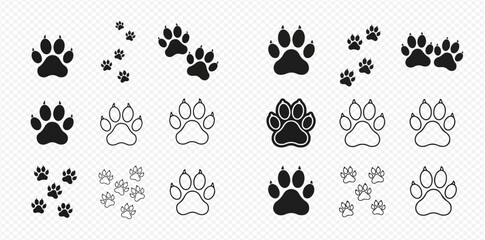 Collection of various animal paw print icons in solid black and outline styles, showing different sizes and tracks.