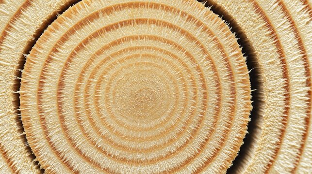 Close-up of cross-section texture of isolated round piece of natural wood showcasing intricate rings and grain patterns for organic design concept.