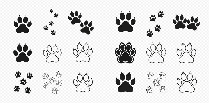 Collection of various animal paw print icons in solid black and outline styles, showing different sizes and tracks.