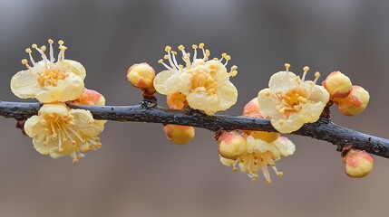 Close-up of vibrant yellow plum blossoms and buds on a wet branch with raindrops, blooming in early spring.