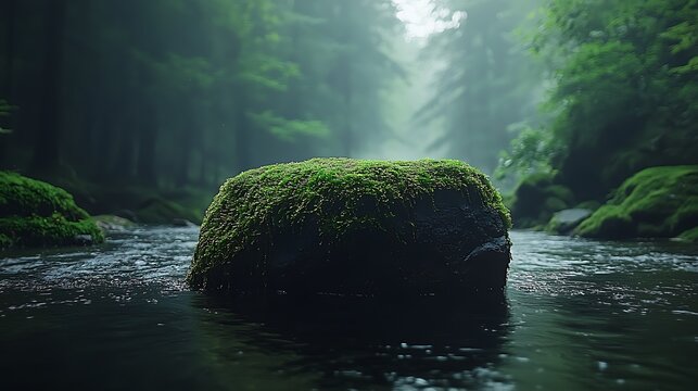 Moss-covered rock in tranquil forest river with misty trees and sunlight bokeh