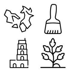 Set of Four Outline Icons: Ringing Notification Bell, Berry Branch with Leaves, Trash Can or Dustbin, and Open Book on a Stand/Lectern