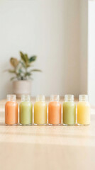 Colorful healthy drinks in glass bottles