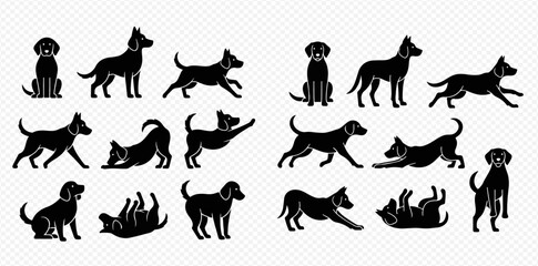 Collection of black dog silhouettes in various poses and actions, including sitting, standing, running, stretching, and playing, on a transparent background.