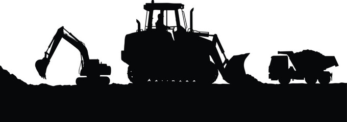 Detailed black silhouette of heavy construction machinery, including an excavator, bulldozer, and dump truck, working on a job site, symbolizing industry, mining, development, and engineering projects © LITON WORLD