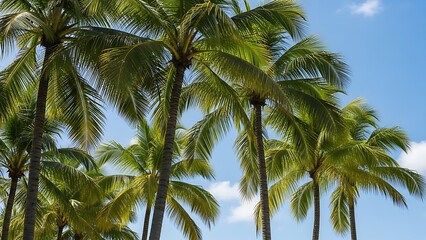 Strong sun filtering through dense palm fronds, creating a vibrant lens flare and contrast against the blue sky.