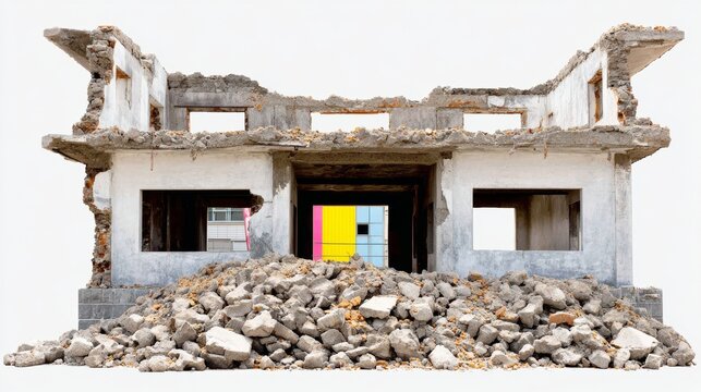 Abandoned building structure with exposed walls and debris, showcasing a mix of textures, colors, and materials, representing urban decay and architectural transformation