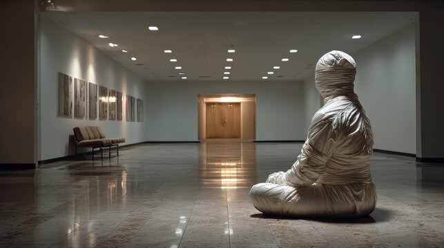 A wrapped figure sits calmly amid a modern museum's hallway, showcasing a blend of art and isolation, capturing the intersection of human emotion and artistic abstraction.