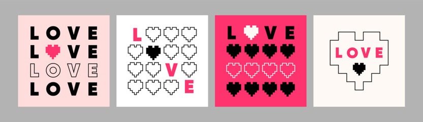 Minimalist love covers, posters, backgrounds, templates set with geometric hearts, grid-based retro style for modern prints, Valentine's Day cards, social media, and romantic art. Vector illustration