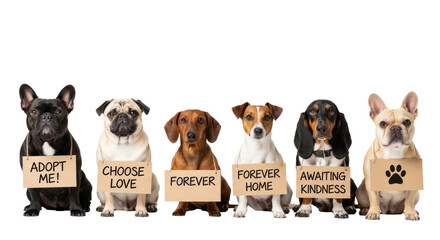 Six diverse dogs: French Bulldogs, Pug, Dachshund, Jack Russell, Basset Hound mix, with 'Adopt Me' signs, on a white studio background. Concept of pet adoption and animal welfare