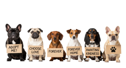 Six diverse dogs: French Bulldogs, Pug, Dachshund, Jack Russell, Basset Hound mix, with 'Adopt Me' signs, on a white studio background. Concept of pet adoption and animal welfare