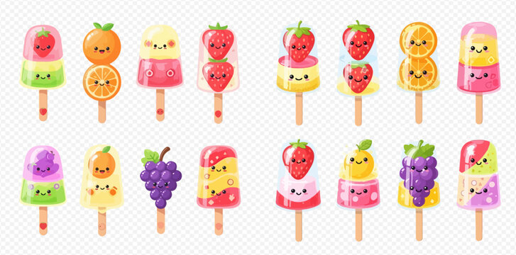 Collection of cute cartoon fruit popsicles and ice cream bars with happy faces on sticks, featuring strawberry, orange, kiwi, grape, and lemon flavors.