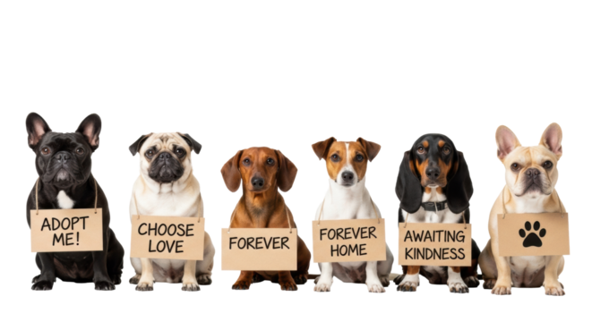 Six diverse dogs: French Bulldogs, Pug, Dachshund, Jack Russell, Basset Hound mix, with 'Adopt Me' signs, on a white studio background. Concept of pet adoption and animal welfare
