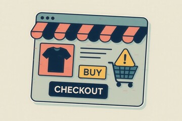 Digital storefront showcasing an e commerce platform with a prominent danger alert icon emphasizing secure online purchasing and checkout processes for consumer confidence and user navigation