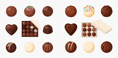 Assortment of delicious chocolate candies and truffles in various shapes and flavors, including a heart-shaped chocolate and open boxes of bonbons.
