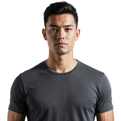 Fototapeta premium Portrait of a determined young asian man wearing a gray t-shirt studio shot isolated on transparent background