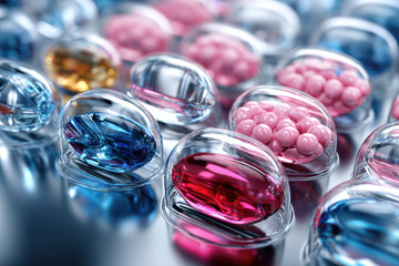Colorful capsules arranged neatly on a reflective surface showcasing various shades and textures