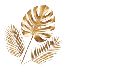 One large metallic golden monstera leaf and two palm fronds, perfectly arranged on a transparent seamless background with soft studio light, copy space right. Modern opulence and tropical elegance