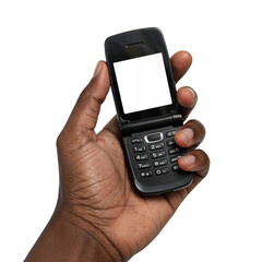Hand holding vintage flip phone with open screen and keypad displaying communication device isolated on transparent background