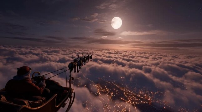 First person POV of Santa Claus flying in a sleigh with reindeer over a city at night with a full moon and clouds.