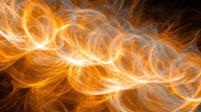 Abstract orange and white glowing fractal light energy with swirling lines and motion blur on a dark background.