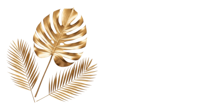 One large metallic golden monstera leaf and two palm fronds, perfectly arranged on a transparent seamless background with soft studio light, copy space right. Modern opulence and tropical elegance - Powered by Adobe
