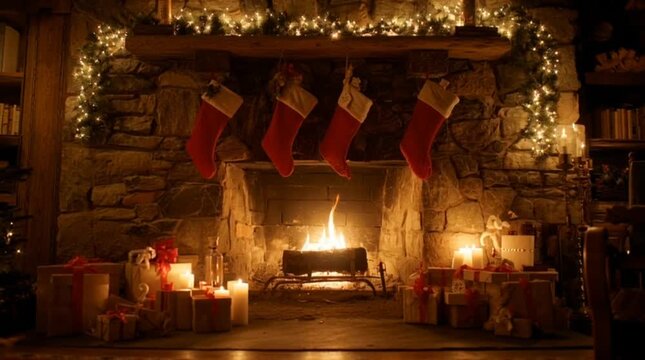 Cozy rustic stone fireplace with burning fire, hanging red stockings, and Christmas gifts on the floor.