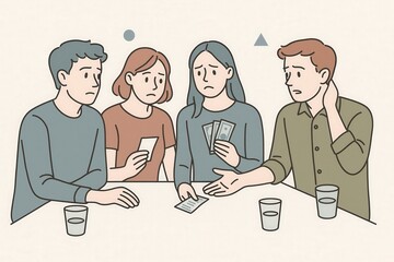 Emotional financial disagreement among friends illustrated with somber expressions and currency notes in a minimalist setting capturing tension and vulnerability