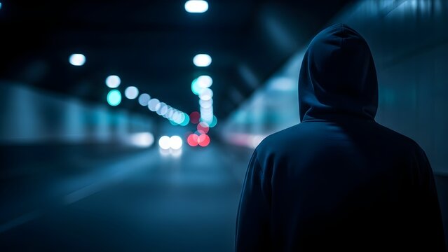 Mysterious Figure in Hooded Sweatshirt Walking Through a Dark Lit Tunnel at Night.