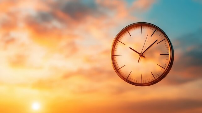 A clock floats in the sky, surrounded by colorful clouds at sunrise, symbolizing the passage of time and inviting reflection on life's fleeting moments amid the beauty of nature.