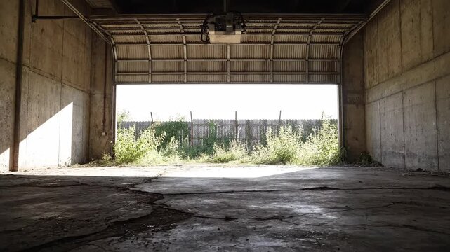 Empty industrial warehouse interior with open rollup door and natural light on concrete floor and walls