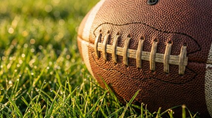 Close up of brown leather American football ball lying on green grass field in bright morning sunlight