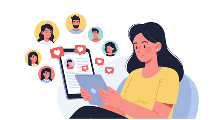 Young woman engaging with social media on digital devices surrounded by online