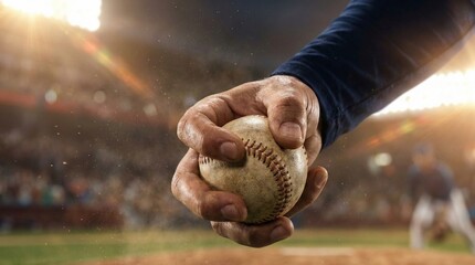 Close up of baseball player hand holding ball with grip ready to pitch in stadium at sunset