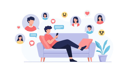 Young man relaxing on a sofa engaging with social media and digital chatting