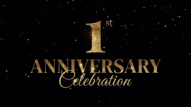 1st anniversary text animation celebration gold glitter on alpha channel dark background. Celebration party with confetti. 4k video