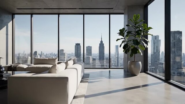 Modern luxury apartment interior city skyline view spacious living room contemporary design high rise urban residence expansive windows minimalist decor