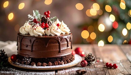 Festive Chocolate Cake with Holiday Decorations on Wooden Board