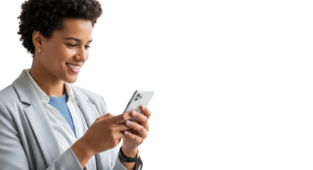 Young adult in smart casual attire holding a sleek black smartphone, smiling with optimism while engaging in a minimalist studio environment. Concept of modern digital connectivity