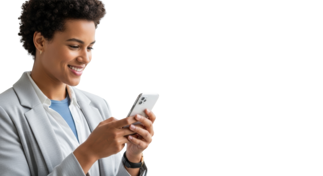 Young adult in smart casual attire holding a sleek black smartphone, smiling with optimism while engaging in a minimalist studio environment. Concept of modern digital connectivity