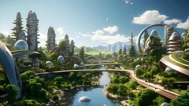 A futuristic green city with organic architecture, lush vegetation, flowing rivers, and innovative structures, blending advanced technology with sustainable environmental design in a vibrant utopian l