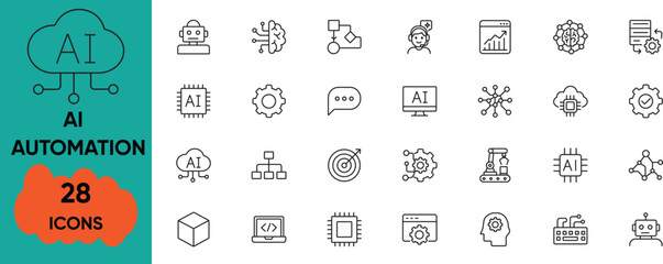 AI Automation Line Icons Set: Artificial Intelligence, Machine Learning & Robotics Vector.