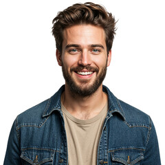 Obraz premium Smiling man with beard wearing denim jacket casual clothing portrait photography isolated on transparent background