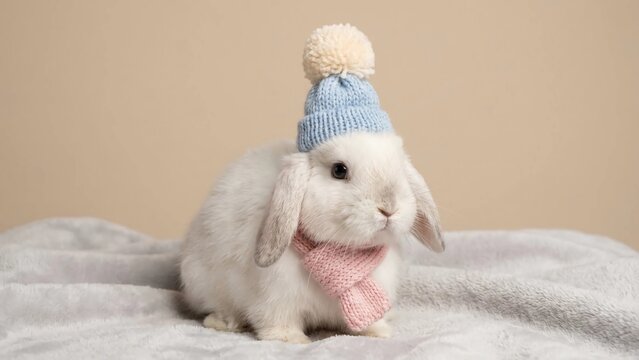cute white mini lop bunny wearing knitted hat and scarf on soft grey blanket, cold weather pet portrait