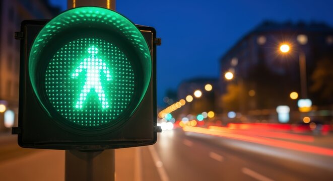 Green pedestrian traffic signal illuminated at night, showcasing urban environment with blurred vehicle lights and cityscape, emphasizing safety and navigation for pedestrians