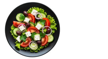 Vibrant Greek salad: tomatoes, cucumber, feta, olives, red onion, parsley, lettuce on black plate, white background, soft cool light, flat lay. Concept of Mediterranean lifestyle